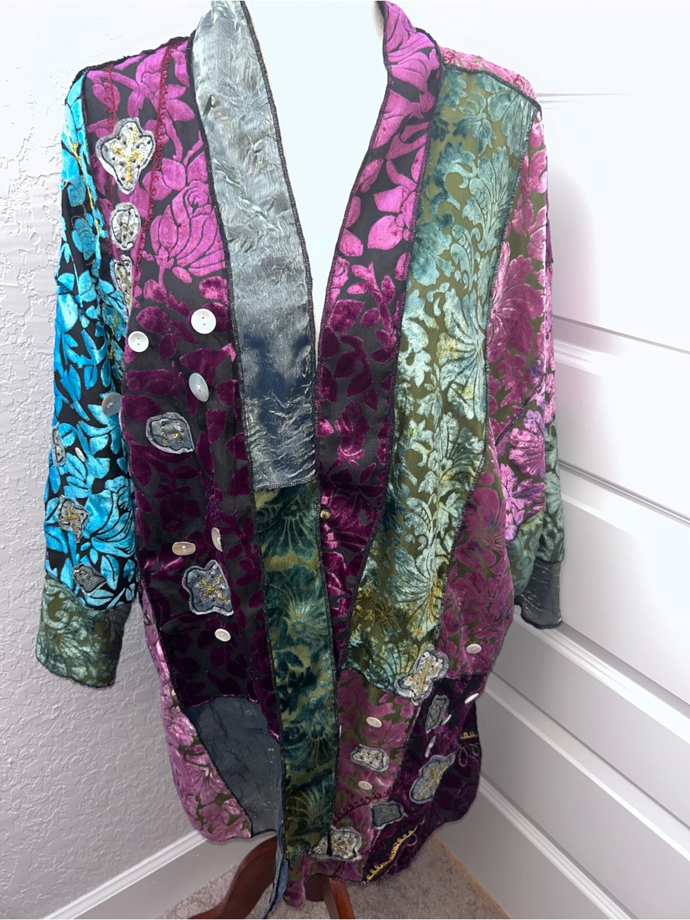 Indigo Moon Patchwork Mix Print Embellished Long Sleeve One Button Kimono Jacket